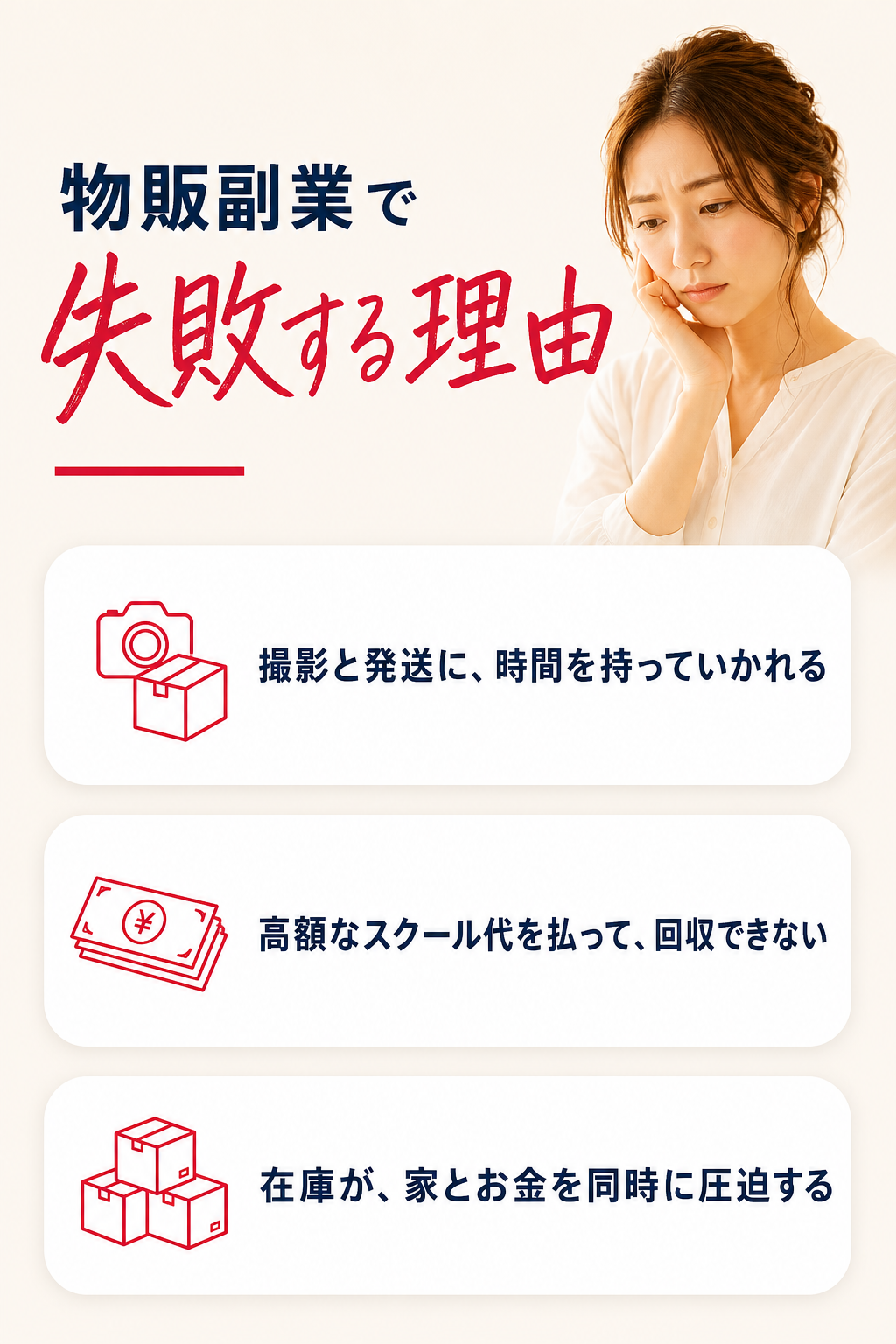 物販副業で失敗する理由。撮影と発送に、時間を持っていかれる。高額なスクール代を払って、回収できない。在庫が、家とお金を同時に圧迫する。